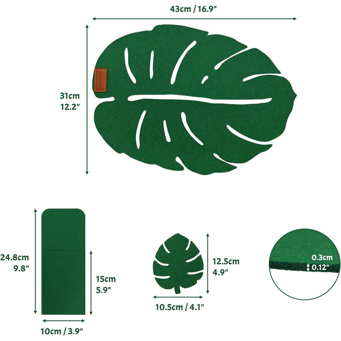 Набір дизайнерських серветок Monstera 18 предметів Миються фетрові серветки, 6 предметів серветки, 6 предметів підставки для склянок, 6 предметів мішечки для столових приборів, зелені серветки підставки для тарілок фетровий набір фетровий набір фетровий к