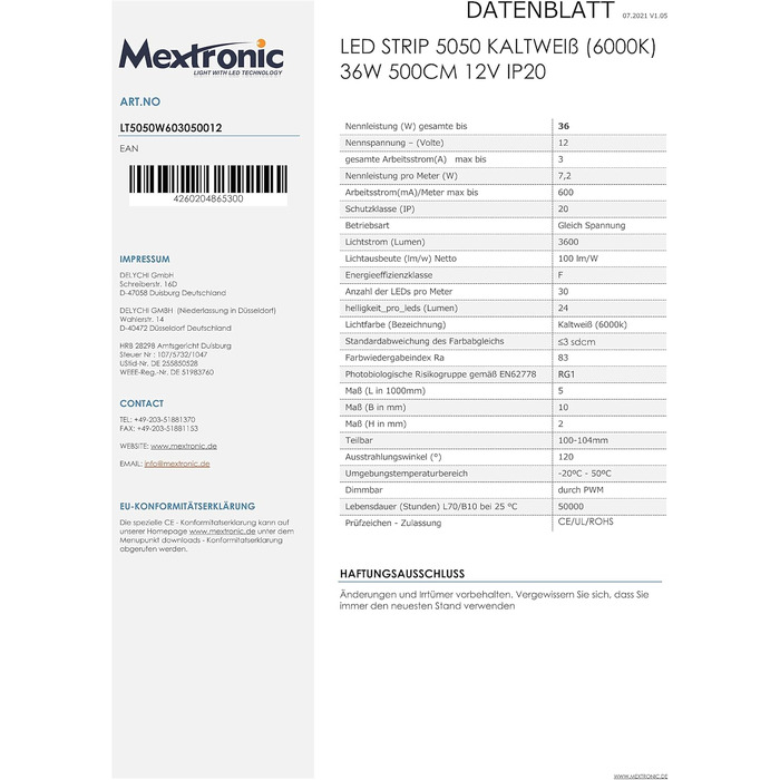 Світлодіодна стрічка Mextronic Світлодіодна стрічка 5050 холодна біла (6000k) 36Вт 500CM 12V IP20