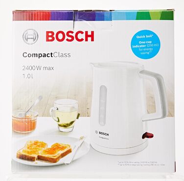 Акумуляторний чайник Bosch CompactClassTWK3A051, швидкий нагрів, індикатор рівня води з обох сторін, захист від перегріву, 1 л, 2400 Вт, білий Single