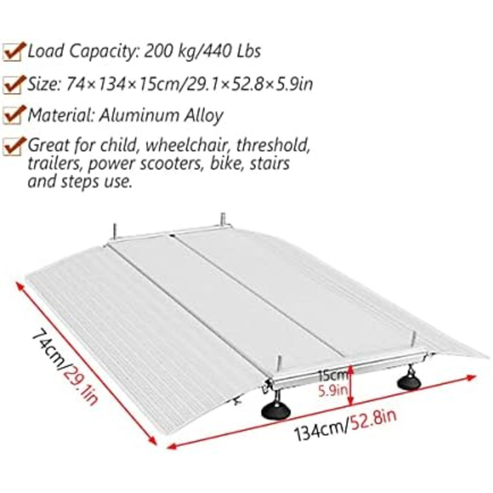 Алюмінієвий пандус для інвалідного візка висотою 2,5/4/6 дюйма для входу, мостові пандуси з регульованими ніжками, легкі пандуси для відкривання дверей (розмір 74 x 134 x 15 см) 74x134x15 см/29,52,8x5,9 дюймів