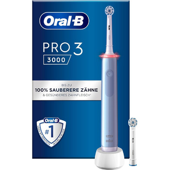 Електрична зубна щітка Oral-B PRO 3 3000, 2 чутливі щітки для чищення, 3 режими чищення та візуальний контроль тиску на 360 для догляду за зубами, подарунок чоловік/жінка, синій сингл синій