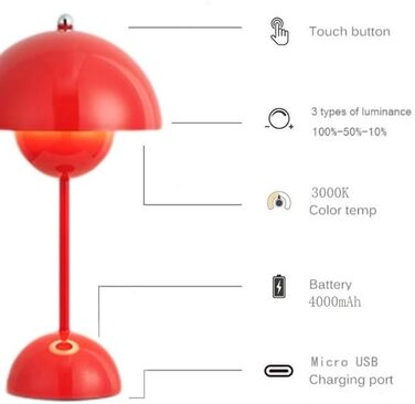 Світлодіодна настільна лампа Asslye Бездротова батарея, настільна лампа з сенсорним затемненням у вазоні, сучасна грибна лампа з 3 кольорами, акумуляторна лампа для квітника для спальні, вітальні, ресторанів, офісу (червоний)