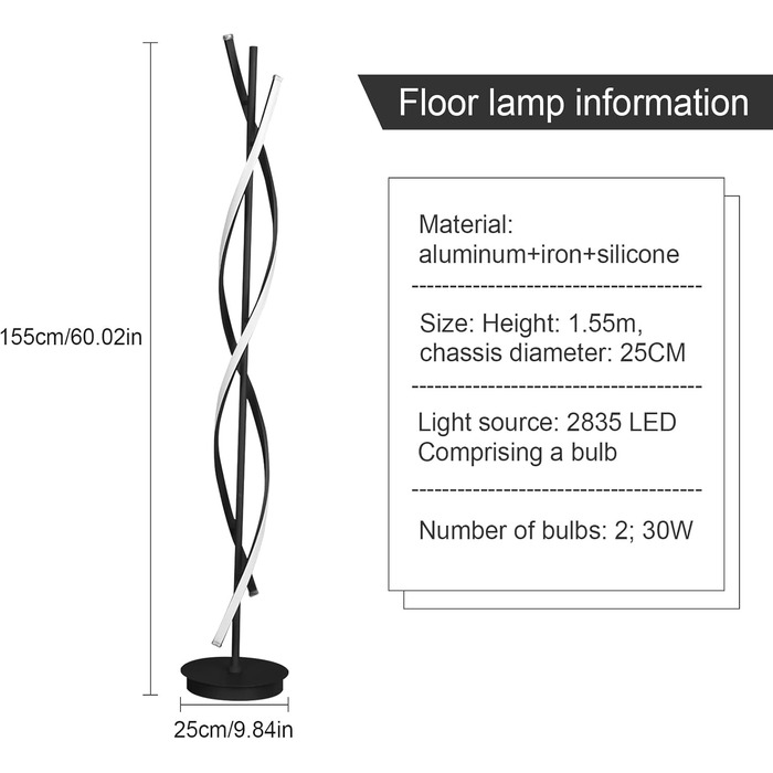 Світлодіодний торшер, Торшер з регулюванням яскравості, Торшер 155 см Світлодіодний торшер Вітальня Сучасний спіральний дизайн, 30 Вт, 3 колірні температури, кутовий торшер для спальні Вітальні Чорний
