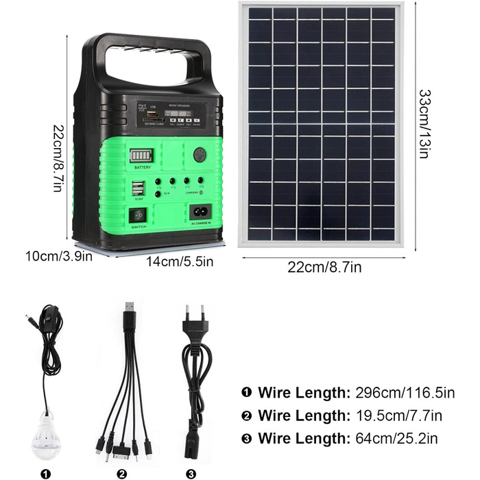 Портативна електростанція на сонячному генераторі, з сонячною панеллю та світлодіодними лампами, з функцією радіо Bluetooth MP3, для кемпінгу на відкритому повітрі, надзвичайної риболовлі, полювання, подорожей (зелений)