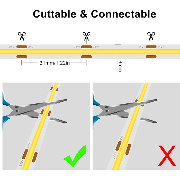 Світлодіодна стрічка TTWAY COB 10M, 2700K тепла біла світлодіодна стрічка з 384 світлодіодами/м, CRI 93, DC24V, роз'єм Cob 8 мм, рівномірне світло, світлодіодна стрічка для прикраси спальні (блок живлення не входить у комплект) 2700k 10M