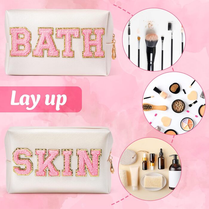 Косметична сумка SKIN&BATH Patch PU Дорожні туалетні сумки великої місткості, золотиста водонепроникна сумка Varsity Letter із блискавками для макіяжу, миття, догляду, ділової поїздки, SKINBATH, 7