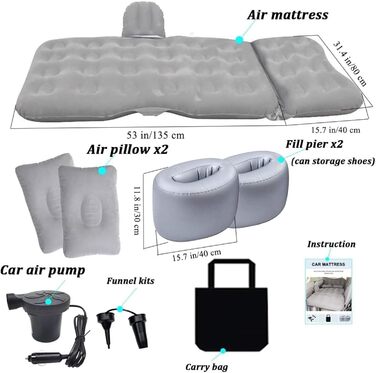 Автомобільний матрац WOLWES Надувний автомобільний надувний матрац, дорожнє ліжечко, потовщене автомобільне кемпінгове ліжко, спальний килимок з автомобільним повітряним насосом, 2 подушки для автомобільного намету, позашляховик, седан, пікап(2)