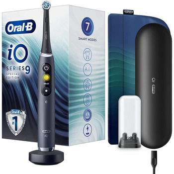 Електрична зубна щітка Oral-B iO9 з акумуляторною ручкою, магнітна технологія від Braun, 1 заміна, кольоровий дисплей, зарядний пристрій, магнітний футляр і дорожній футляр, чорний