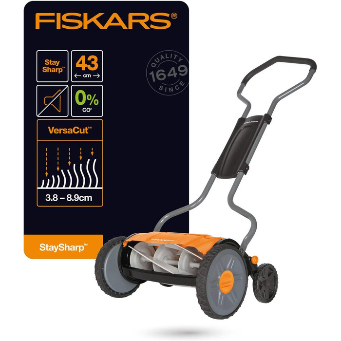 Циліндрична газонокосарка Fiskars, газонокосарка з безконтактною системою різання, ширина зрізу 43 см, StaySharp Plus, чорна/помаранчева/срібляста, 1015649 Одинарна