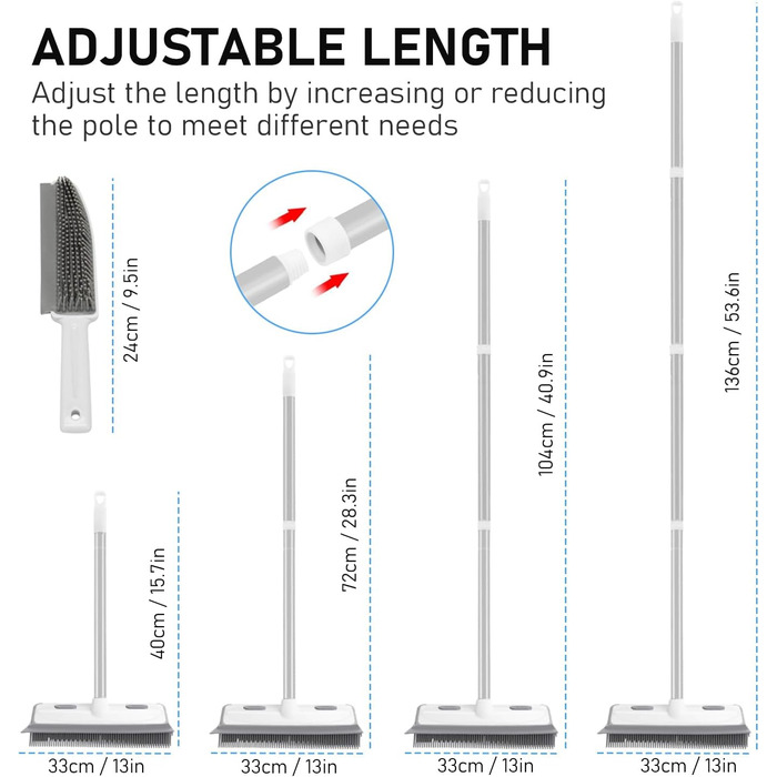 В 1 гумовий віник з ракелем для видалення шерсті тварин, кішок, собак, щітка для підлоги 136см регульована ручка для видалення пилу з підлоги, 2