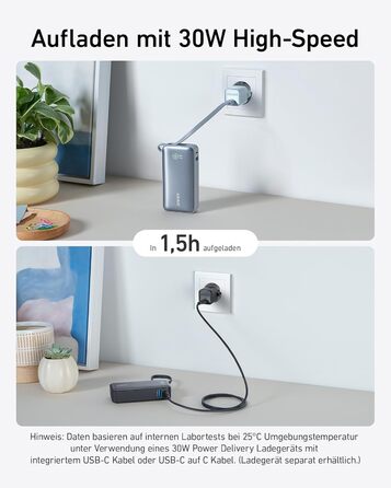 Powerbank Anker 10 000 мАг з вбудованим кабелем USB-C, максимальна потужність PD 30 Вт, USB-C, USB-A, чорний