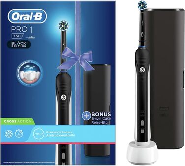 Електрична зубна щітка Oral-B PRO 1 750 Black Edition для ретельного чищення зубів, 1 програма чищення, датчик тиску, таймер і дорожній кейс, 1 щітка CrossAction, чорна