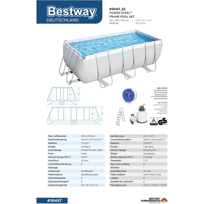 Набір басейнів Bestway Power Steel Frame з системою піщаних фільтрів 412 x 201 x 122 см, світло-сірий, квадратний