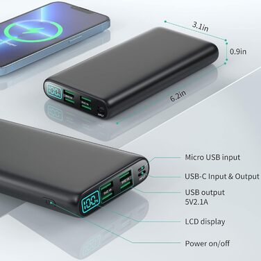 Унікальний 5 виходів і 0-100 РК-дисплей Powerbank USB C Портативний зовнішній зарядний пристрій Зовнішній акумулятор Сумісний з iPhone 15 14 13 Pro Max Samsung S23 S22 Huawei тощо, 27000mAh