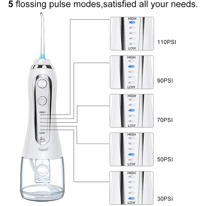 Електричний бездротовий іригатор для порожнини рота, SuperUvistare Professional Water Flosser Іригатор для порожнини рота IPX7 водонепроникний, очищувач зубів з резервуаром для води 300 мл, 5 режимів і 6 насадок, білий