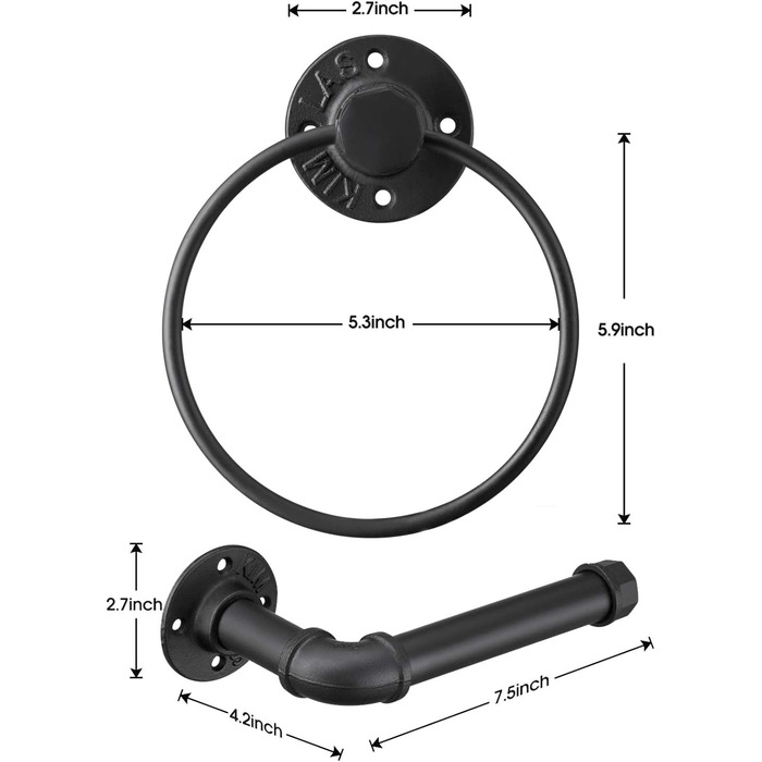 Промисловий чорний тримач для рушників і кільце для рушників, набір фурнітури для ванної кімнати, настінне кріплення, фурнітура, включаючи трубчастий рушникосушарку, кільце для рушників, чорне матове покриття з заліза для 2P