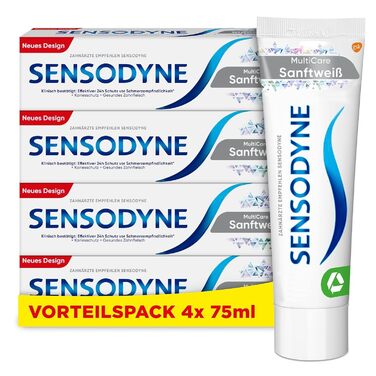 Зубна паста Sensodyne MultiCare ніжна біла, 4 шт. 75 мл, щоденна зубна паста з фтором, для чутливих зубів біла зубна паста з фтором