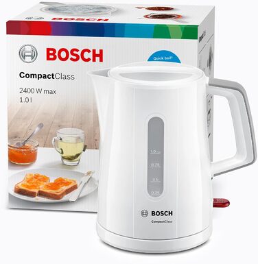 Акумуляторний чайник Bosch CompactClassTWK3A051, швидкий нагрів, індикатор рівня води з обох сторін, захист від перегріву, 1 л, 2400 Вт, білий Single