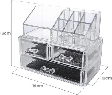 Органайзер для макіяжу, коробка для зберігання косметики з акрилу та пластику, прозора. Розміри 16х19х12 см, косметичний органайзер з висувними ящиками для дому. Ідеально підходить як ідея для подарунка.