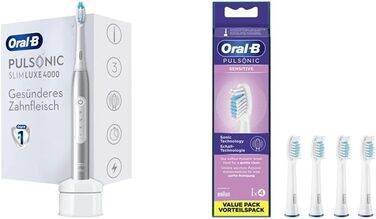 Електрична зубна щітка Oral-B Pulsonic Slim Luxe 4000 Sonic, платинова та чутлива щітки для звукових зубних щіток, 4 шт. и, насадка для зубної щітки Oral-B Звукова зубна щітка