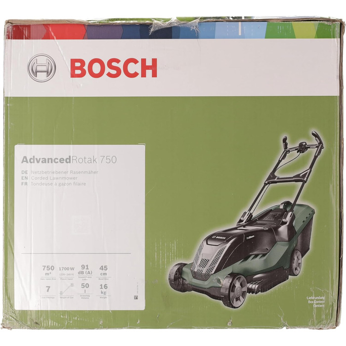 Газонокосарка Bosch AdvancedRotak 750 (1700 Вт, ширина зрізу 44 см, площа газону до 750 м, в коробці) AdvancedRotak 750 Новий дизайн