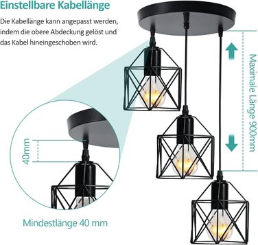 Підвісний світильник EMKE Vintage 3 Полум'я Ретро підвісний світильник Стельова люстра Металевий абажур E27 Чорний, підходить для вітальні, їдальні та спальні