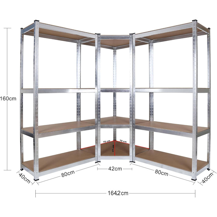 Кутова полиця Wiltec для важких умов експлуатації 164x150x160 см, загальне навантаження 700 кг, полиця без болтів з оцинкованої сталі, вантажна полиця з 4 полицями, полиця для майстерні