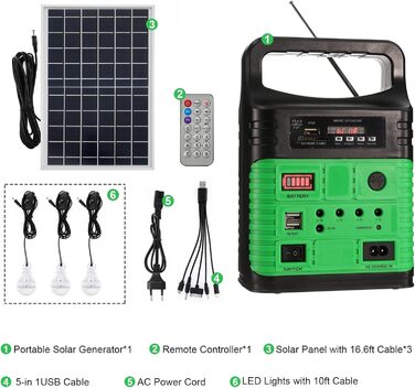 Портативна електростанція на сонячному генераторі, з сонячною панеллю та світлодіодними лампами, з функцією радіо Bluetooth MP3, для кемпінгу на відкритому повітрі, надзвичайної риболовлі, полювання, подорожей (зелений)