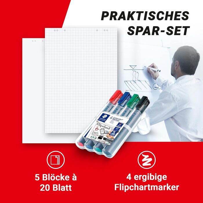 Набір паперу для фліпчарту з 5 блоків - 68x99 см у квадраті та 80 г/кв.м - 5 подушечок по 20 аркушів кожна з якісними маркерами фліпчарту в ощадному наборі - Канцелярське приладдя Ідеально підходить для діаграм, зустрічей, діаграм і нотаток