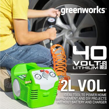 Акумуляторний компресор і повітряний насос Greenworks G24AC 8 бар, 40 л/хв 240 Вт БЕЗ акумулятора та швидкого зарядного пристрою, 3 роки гарантії (40 В, лише інструменти)