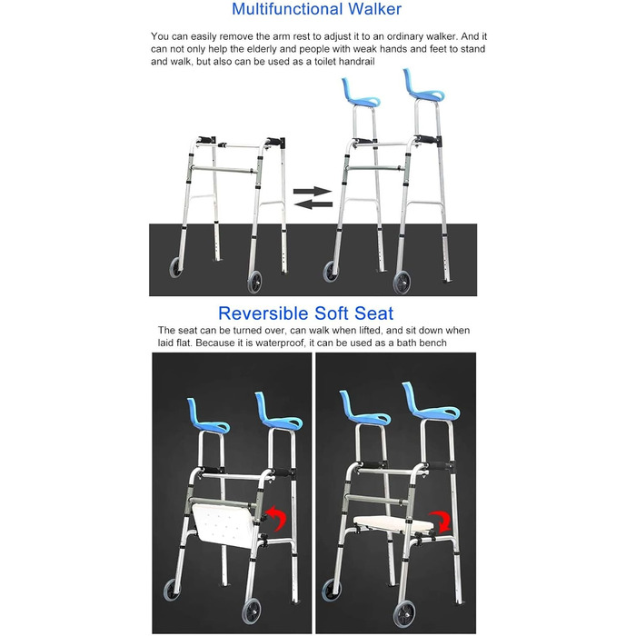 Легкі, складні ходунки для людей похилого віку, з сидінням, колесами та підтримкою під пахвами, регулюються по висоті, допомога при переходах, вантажопідйомність 180 кг
