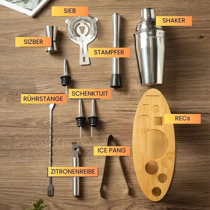 Набір шейкерів для коктейлів Recalma з підставкою, набір шейкерів для коктейлів з нержавіючої сталі, набір для бармена з 12 предметів з книгою рецептів, подарунковий набір для коктейлів, барні аксесуари для коктейлів, барний інструмент в домашньому стилі