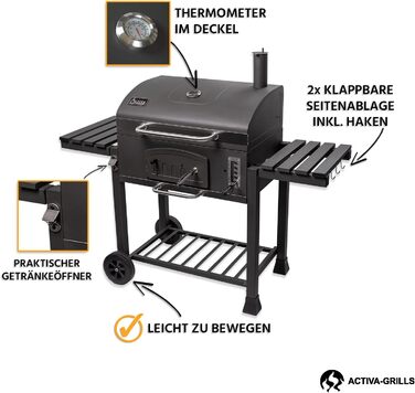 Вугільний гриль ACTIVA Angulatus I Вугільний гриль з кришкою, регульованою вугільною сковородою та термометром I Візок для гриля для успішного барбекю