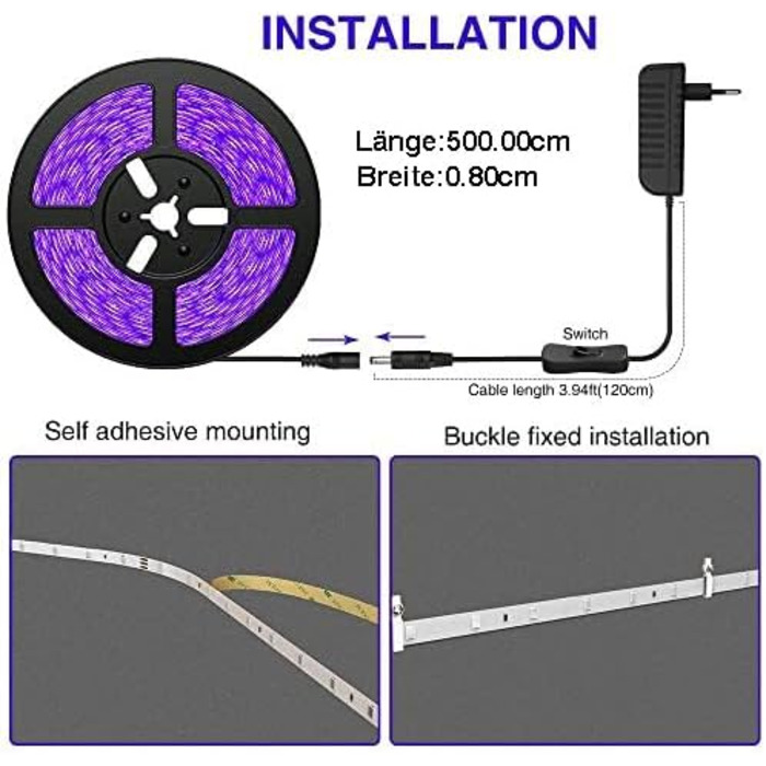 УФ-світлодіодна стрічка Onforu 5M, чорна світлова стрічка з блоком живлення, гнучка стрічка 12 В 300 світлодіодів, самоклеюча УФ-лампа 2835, чорна стрічка для вечірки, бару, неонових кольорів, клубу, дискотеки, прикраси