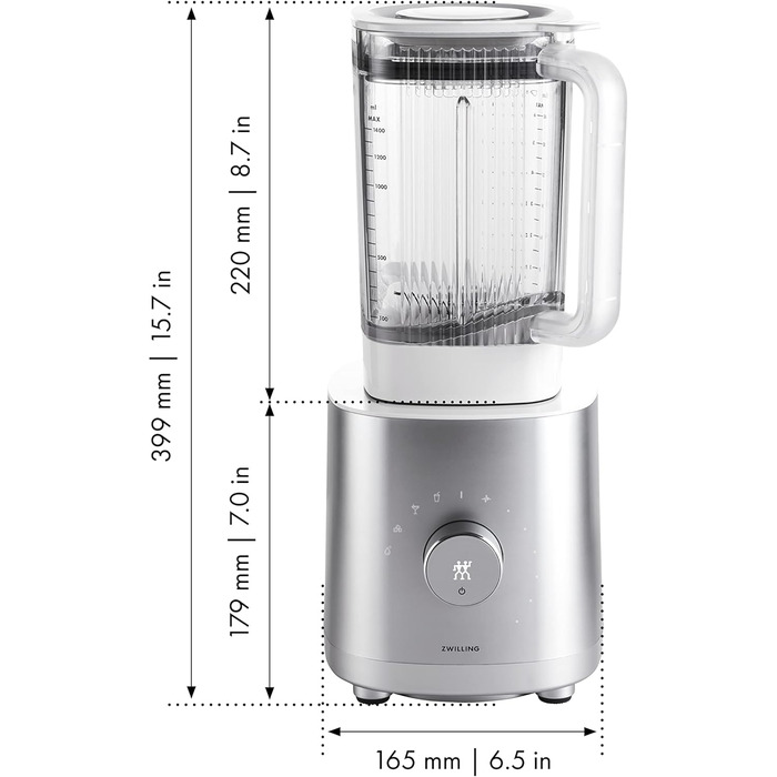 Міксер ZWILLING ENFINIGY Універсальний 1,4 літра, блендер з поперечним лезом з нержавіючої сталі та високопродуктивним двигуном потужністю 1200 Вт, срібло