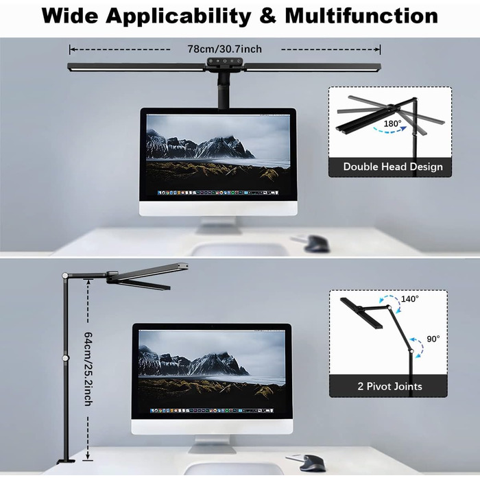 Настільна лампа Hapfish LED із затискачем, 24 Вт наддовга настільна лампа з регулюванням яскравості з подвійним джерелом світла, з датчиком світла, 5 колірною температурою, настільна лампа для офісу, монітора, студії