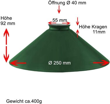 Штор швець зелений Ø 250 мм з комірним краєм H 90 мм, лампове скло кругле змінне скло опалове скло для шевця скло для E27 зелене