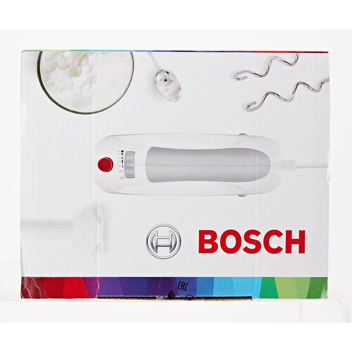 Ручний міксер Bosch MFQ3540, ручний міксер, 2 вінчики, 2 гачки для тіста з нержавіючої сталі, можна мити в посудомийній машині, 5 рівнів, ручний блендер, глечик для блендера, 450 Вт, білий одинарний