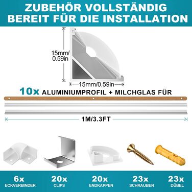 Світлодіодний алюмінієвий профіль LIAOINTEC 10 x 1 м V-подібна форма з білою молочною кришкою, торцевими кришками та монтажним затискачем для світлодіодних стрічок, стрічок (світлодіодні стрічки/стрічки до 12 мм включно) V-подібний профіль