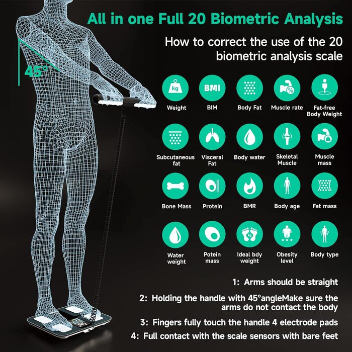 Цифрові датчики та додаток для вимірювання жиру в організмі, аналізатор тіла, клінічно підтверджений, ваги для ванної кімнати з аналізом жиру в організмі, з 8 високоточними датчиками для вимірювання рук і ніг, максимум 180 кг, великий з ручкою, додаток Fi