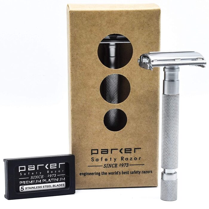 Безпечна бритва Parker, Parker 74R Satin Chrome - довга ручка, важкий метелик, відкритий подвійний край, безпечна бритва для чоловіків хромована напівглянцева