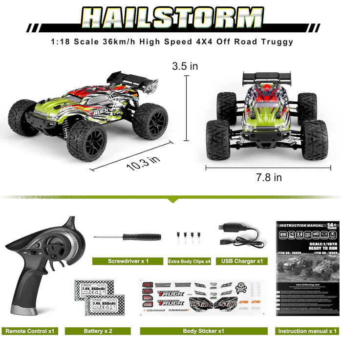 Пульт дистанційного керування автомобілем 1/18 RC Car Hailstorm, 4WD всюдихідний високошвидкісний гоночний автомобіль 36 км / год, 2.4 ГГц RC вантажівка 4X4 позашляховик водонепроникний з електричним управлінням