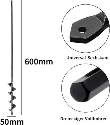 Садовий спіральний дриль Ø50 мм Довжина 600 мм, Земляний шнек для бура, Свердло для рослин, Садовий бур, для акумуляторного шуруповерта, Наземний бур Квіткові кашпо Равлик для копання ям 5x60 см