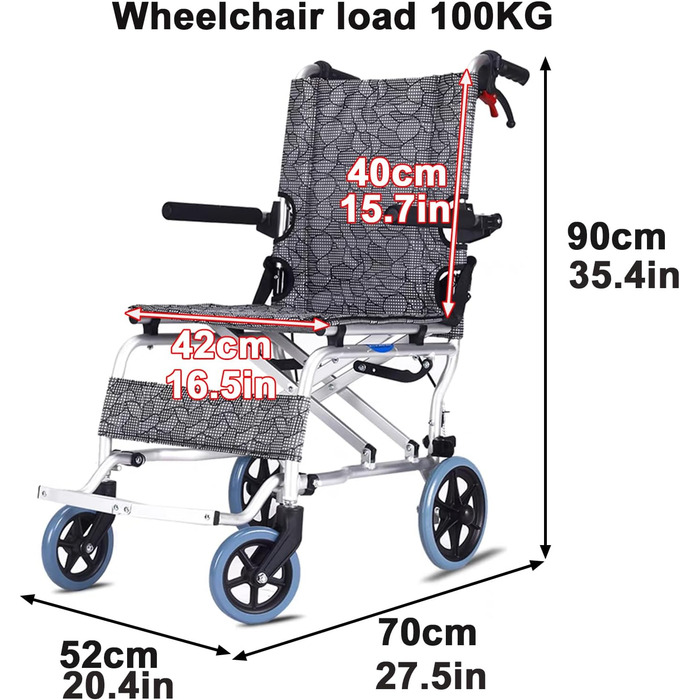 Алюмінієве складне інвалідне крісло Sunyongfly Портативне складне крісло колісне Легке туристичне крісло підходить для дорослих, людей з обмеженими можливостями та людей з обмеженою рухливістю (52X70X90 см (20,4X27,5X3 52X70X90 см (20,4X27,5X35,4 дюйма)