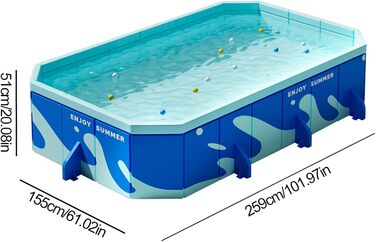 Надувний басейн, дитячий басейн, складаний басейн для дорослих, прямокутний басейн з твердим покриттям для дітей, портативний відкритий басейн для сімейних розваг та літніх водних ігор 2,6 м