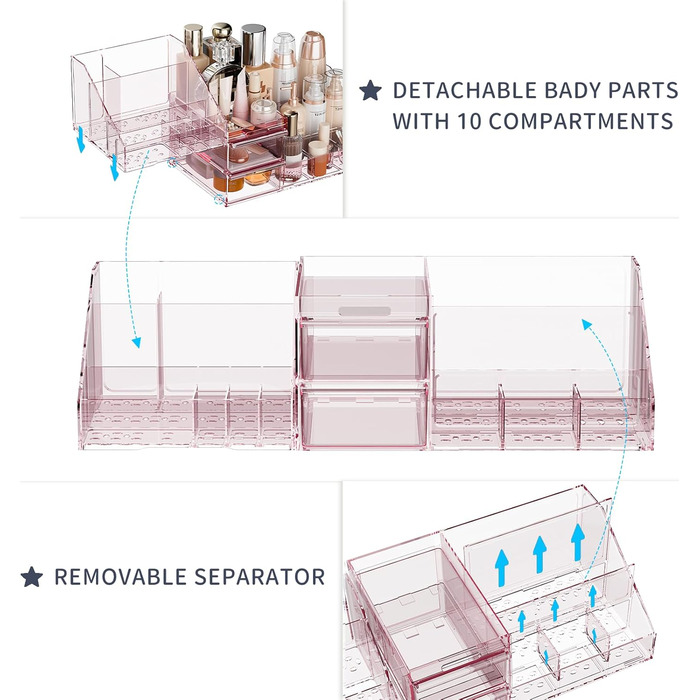 Органайзер для макіяжу, велика місткість, органайзер для макіяжу та зберігання з висувними ящиками, органайзер для макіяжу для туалетного столика, пензликів для макіяжу, лаку для нігтів та косметичних засобів (рожевий) рожевий