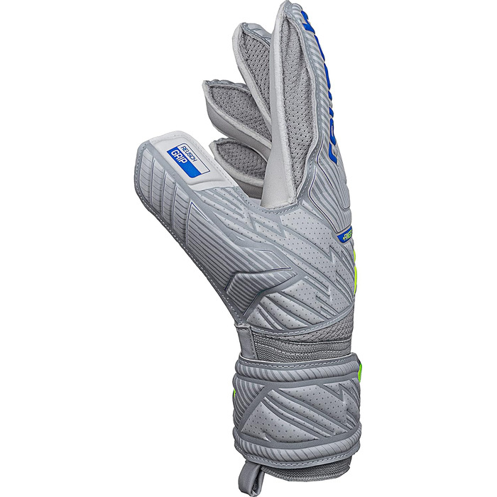 Воротарські рукавиці Reusch чоловічі Attrakt Finger Support унісекс зі зрізом зовнішнього шва та покриттям для зчеплення, підходять для всіх поверхонь поля Футбольні рукавиці із захистом пальців для дорослих світло-сірі - сині - жовті 10