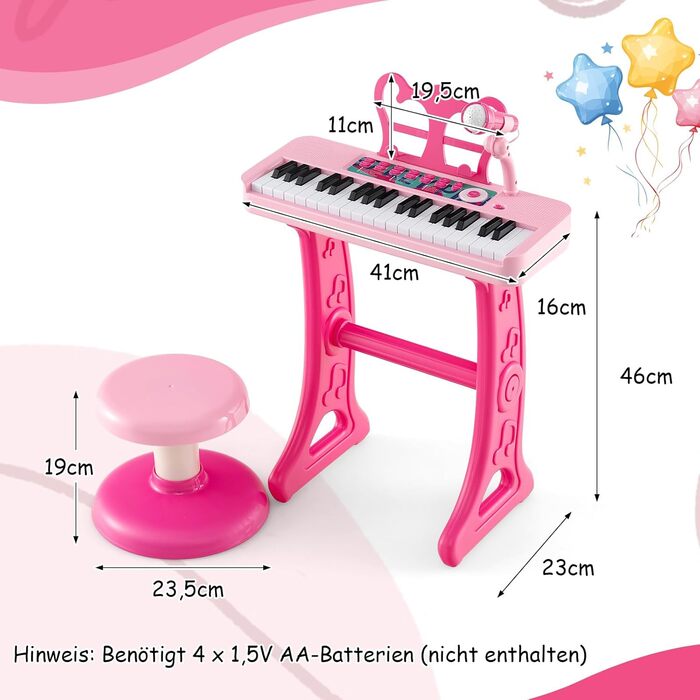 Дитяча клавіатура COSTWAY 37 клавіш, дитяче піаніно електронне зі стільчиком, мікрофоном та пюпітром, дитяче піаніно зі знімними ніжками, клавіатура піаніно для дітей від 3 років (рожева)