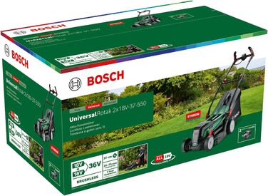 Акумуляторна газонокосарка Bosch UniversalRotak 2x18V-37-550 (до 500 м2 з 2-ма акумуляторами по 4,0 Ач) 18-вольтова система ширина зрізу 37 см 2 акумулятори по 4,0 Ач та зарядний пристрій)