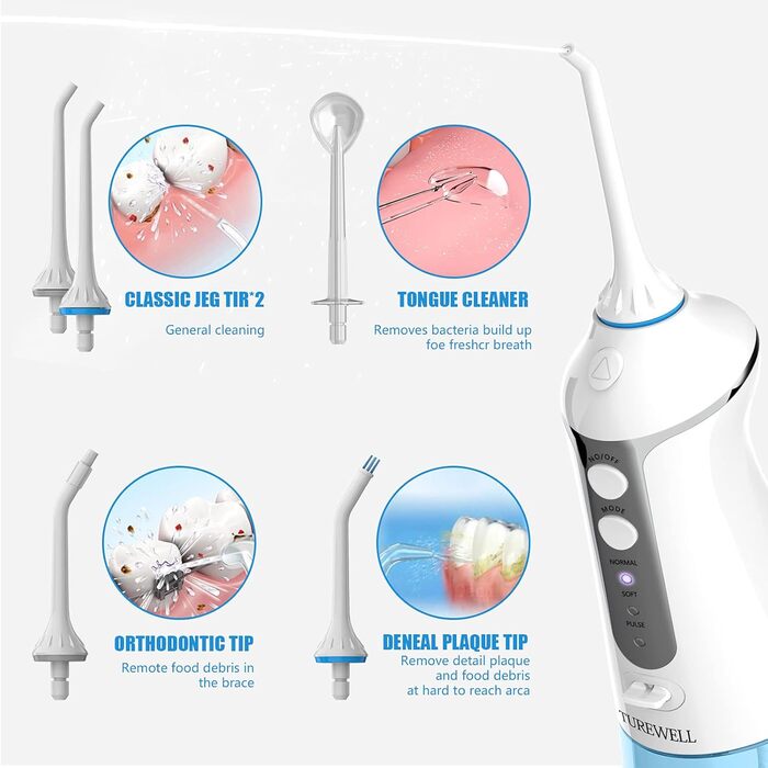 Іригатор порожнини рота TUREWELL FC1591, електричний очищувач міжзубних проміжків з 3 режимами та 5 насадками, водонепроникний бездротовий іригатор порожнини рота IPX7, бездротовий портативний акумуляторний іригатор порожнини рота для сім'ї та подорожей б